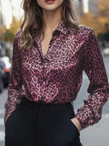 A Stylish Solid Color Satin Shirt Leopard Print pink