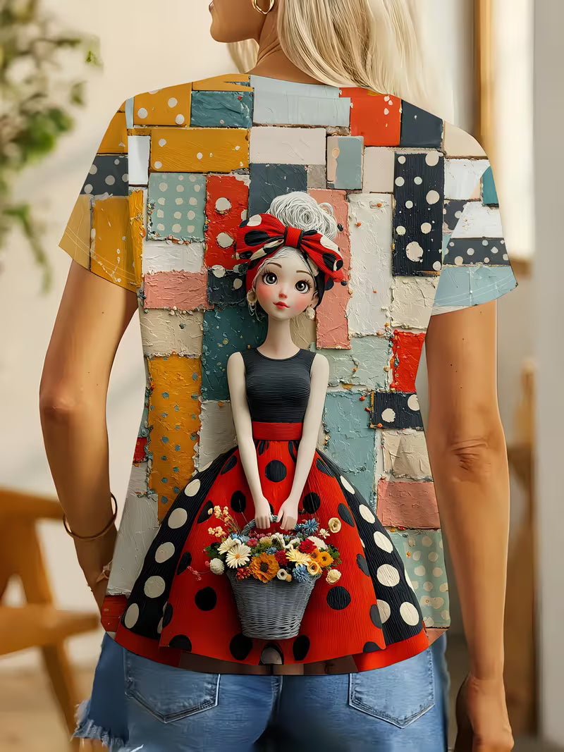 Women'S Artistic 3D Doll Graphic T-Shirt | Short Sleeve, Polka Dot Dress Doll, Floral Basket, Colorful Patchwork Background