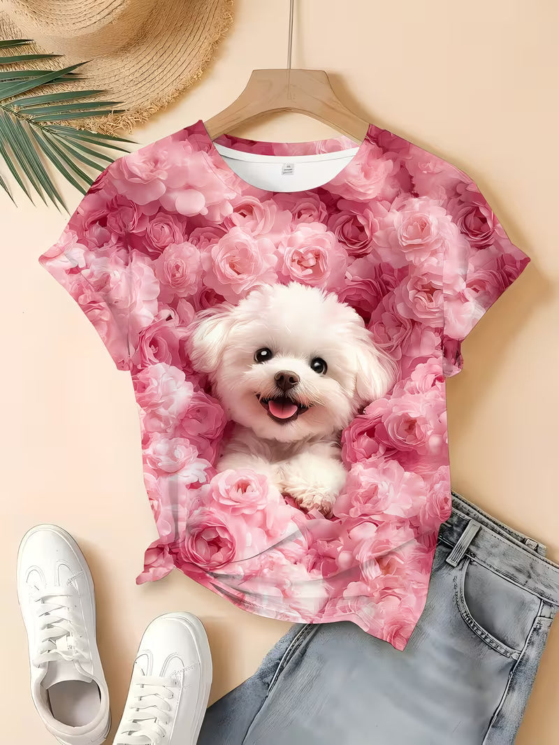 Pink rose and cute dog printed Women's T-shirt, sweet and elegant