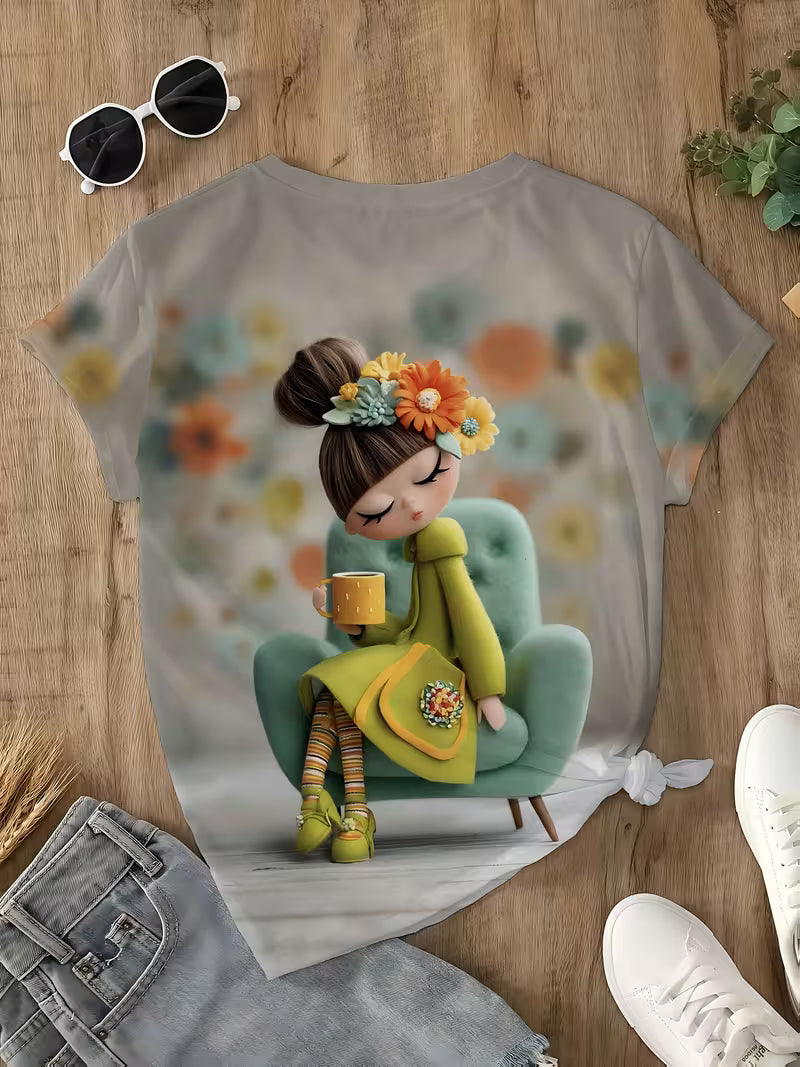 Stylish Women'S Print Design, a Chic And Comfy Casual Top, a Refined Round Neck T-Shirt