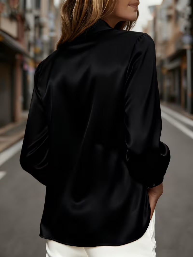 A Stylish Solid Color Satin Shirt Black