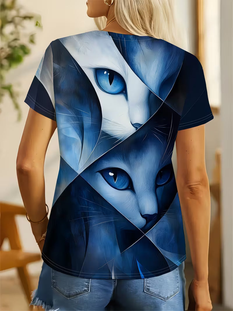 Women's Gradient Blue Cat T-Shirt - Kitten Illustration Cold Elegant Style Opaque Top