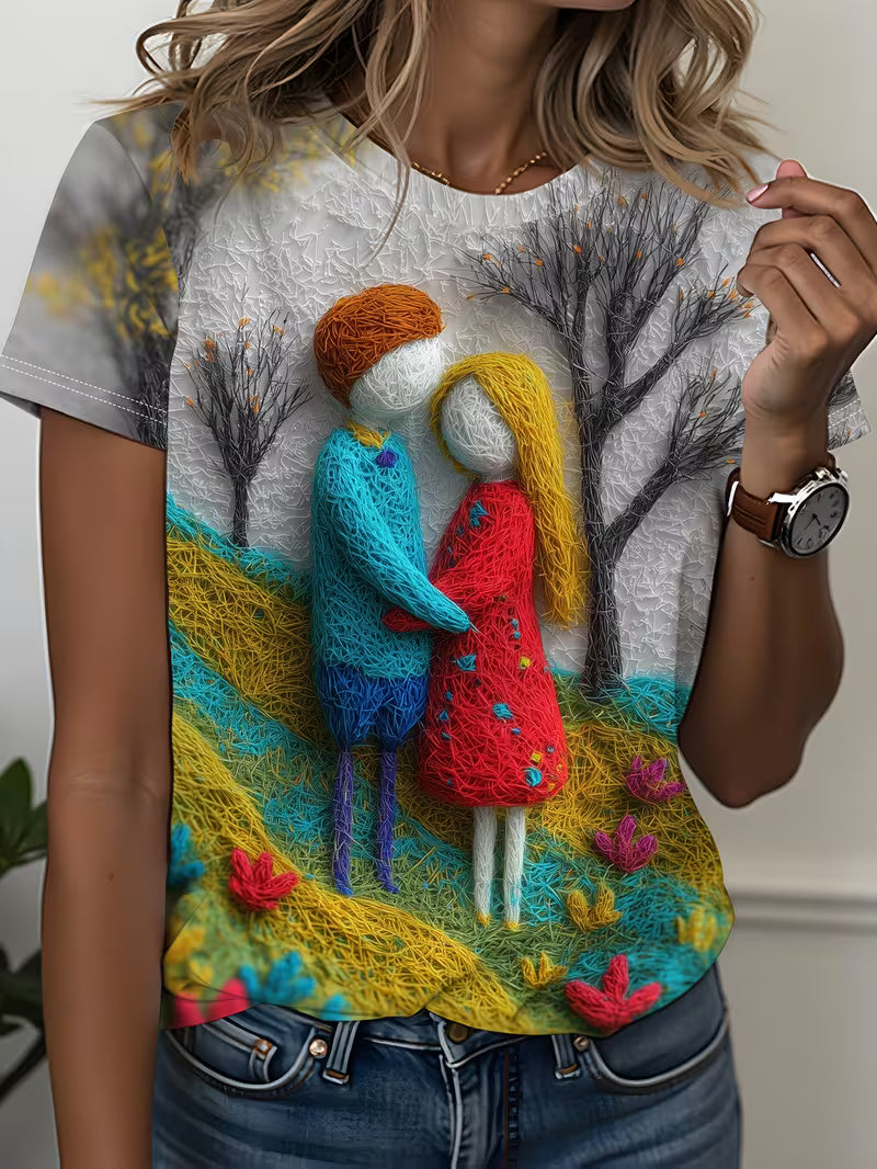 Women's Romantic Couple & Landscape Art T-Shirt - Textured Yarn- Short Sleeve Top