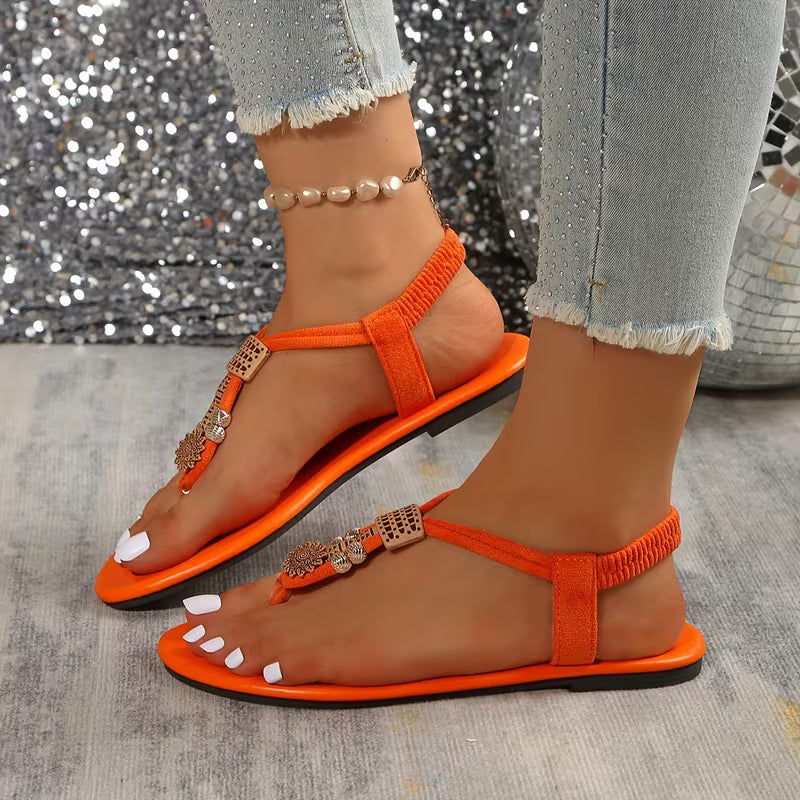 New Summer Flat Sandals for Women with Ethnic Style And Toe Post Design Orange