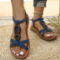 Women's New Bohemian Round Toe Thick Sole Open Toe Hoop Decor Flat Sandals for Daily Outdoor Casual Wear