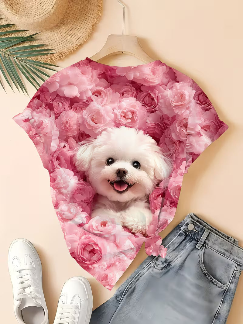 Pink rose and cute dog printed Women's T-shirt, sweet and elegant