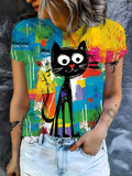 Women's Colorful Graffiti Black Cat Print T-Shirt - Vibrant Artistic Design, Soft Round Neck Casual Top