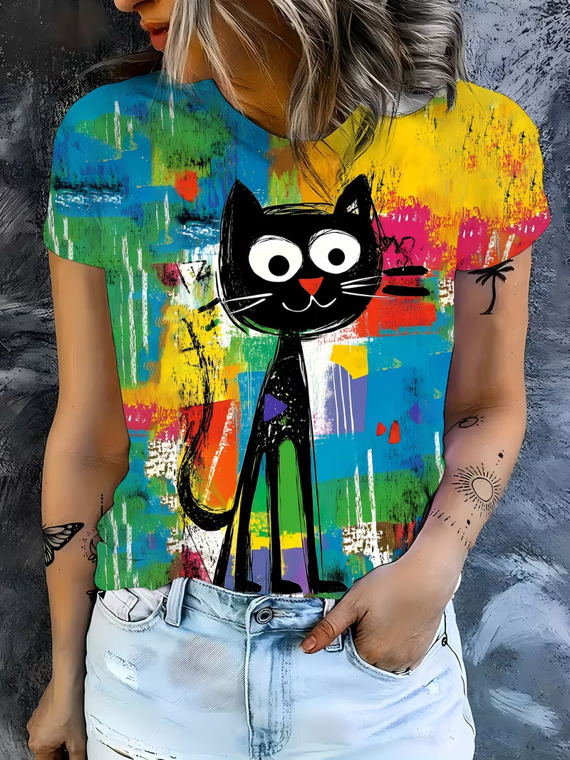 Women's Colorful Graffiti Black Cat Print T-Shirt - Vibrant Artistic Design, Soft Round Neck Casual Top