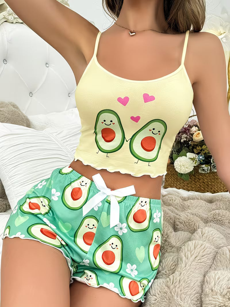 Cute Avocado Print Cami Top and Shorts Set Yellow