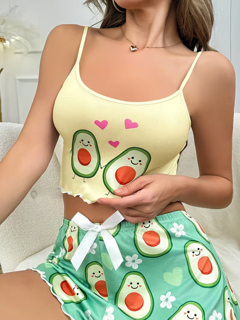Cute Avocado Print Cami Top and Shorts Set Yellow
