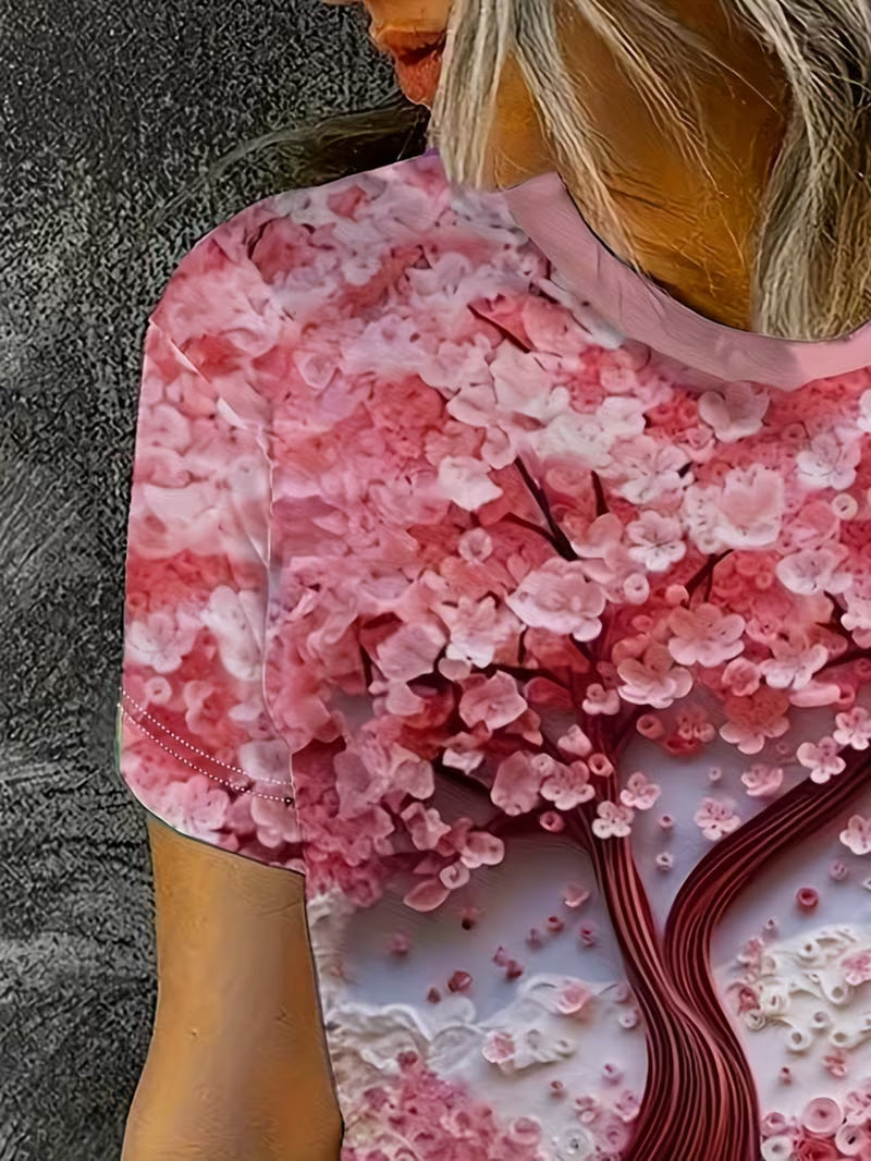 Women's Casual Pink Cherry Blossom Print T-Shirt