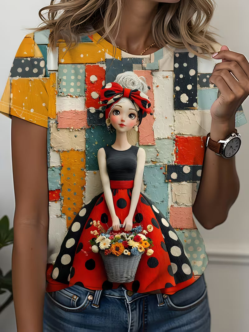 Women'S Artistic 3D Doll Graphic T-Shirt | Short Sleeve, Polka Dot Dress Doll, Floral Basket, Colorful Patchwork Background
