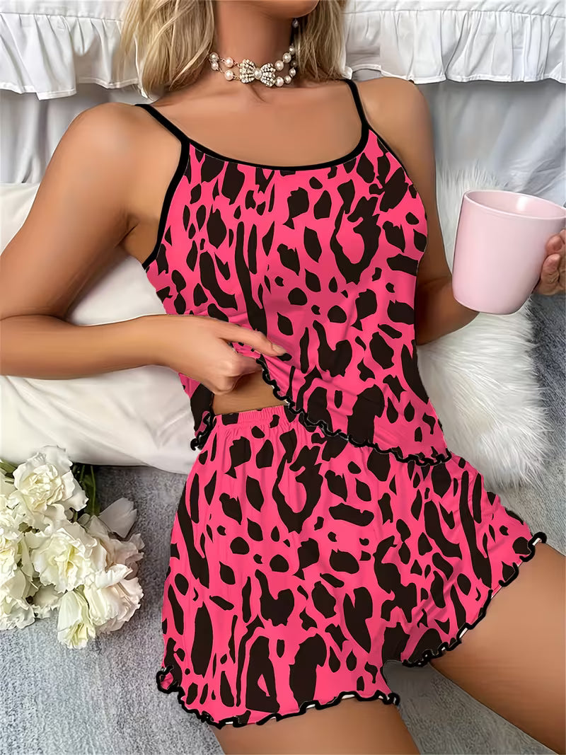 Women's Pajama Set with Leopard Print And Spaghetti Red