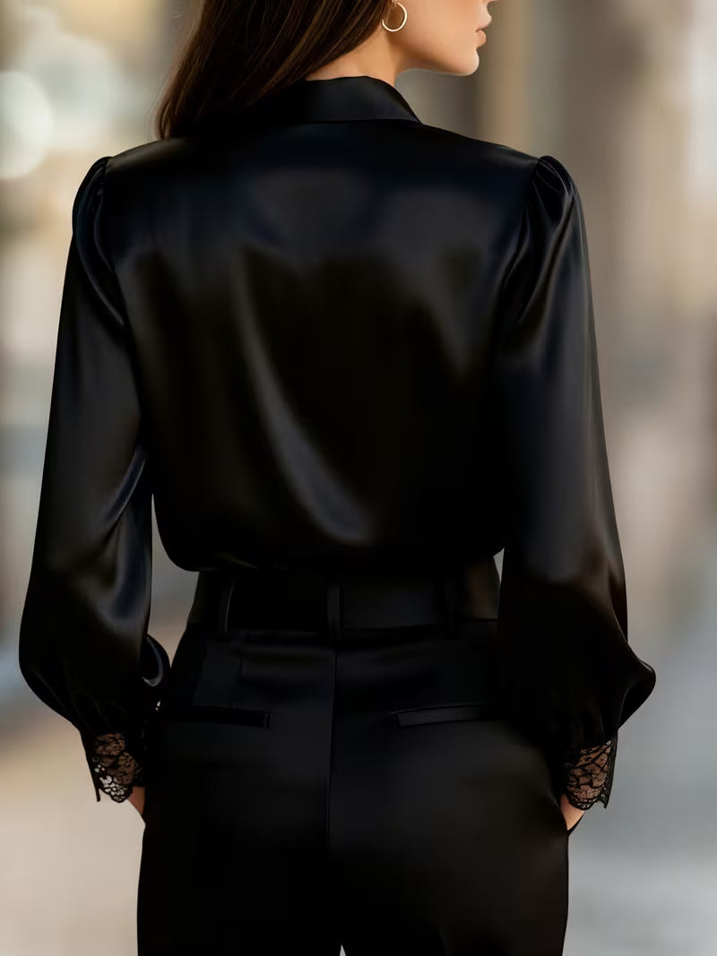 A Stylish Solid Color Satin Shirt Lapel Lace Splicing