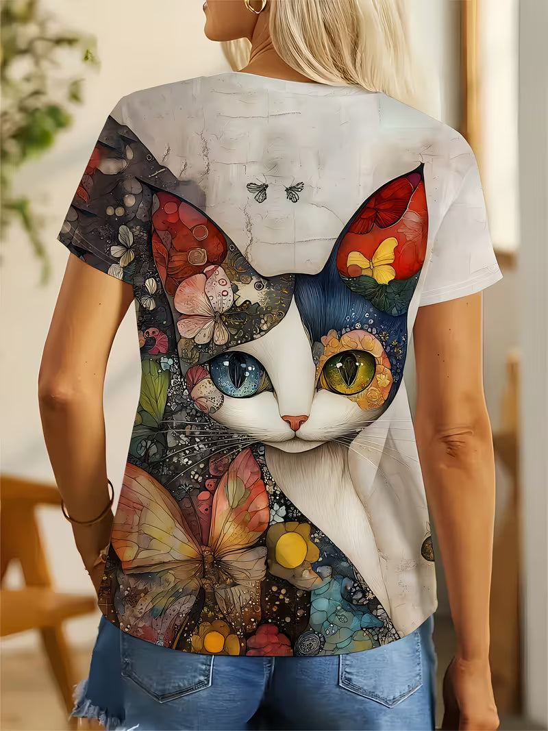 Women's Elegant Cat Graphic T-Shirt - Soft Breathable Everyday Tee with Round Neck for Casual