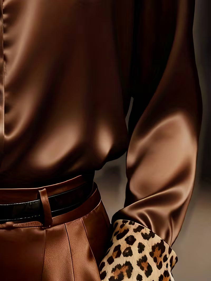 A Stylish Solid Color Satin Shirt Leopard Coffee