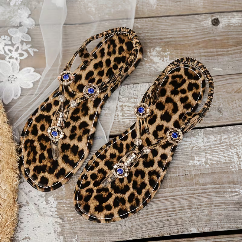 Women's Casual Leopard Print Stylish Versatile Elegant Bohemian Flat Toe Post Sandals