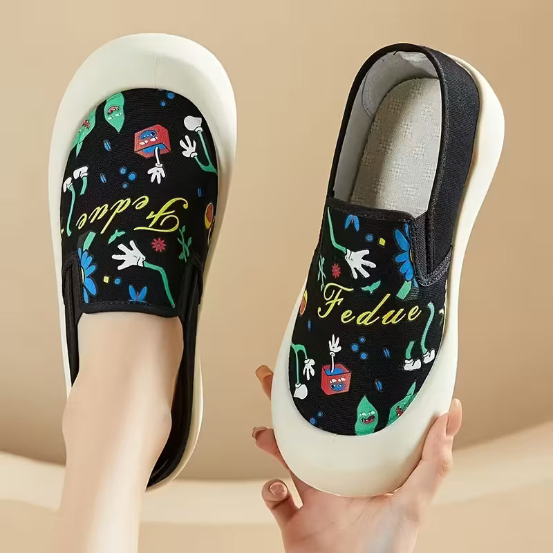 New Women'S Casual Shoes with Printed Breathable Lightweight Design Black