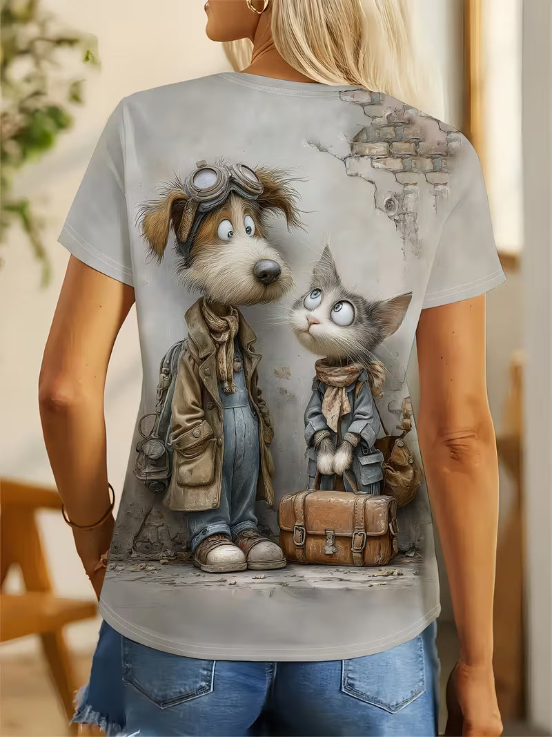 Women's Cat & Dog Print Round Neck T-Shirt - Cute Pet Patterns