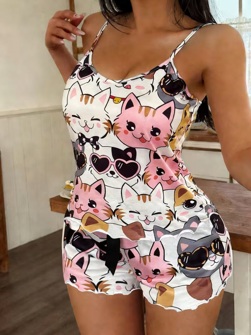 2pcs Women Cartoon Cat Print Pajama Set | Cute Strapless Design, All-Season Comfort, Perfect For Adults
