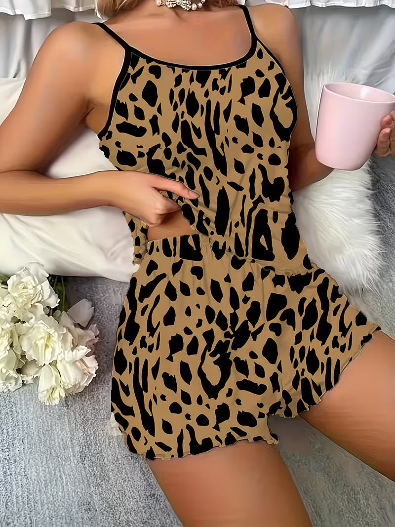 Women'S Pajama Set with Leopard Print And Spaghetti Straps Dark Brown