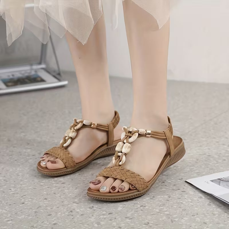 Women's Bohemian Beaded Ankle Strap Sandals Khakhi
