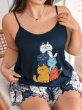 Colorful Cat Print Tankini And Shorts Pajama Set