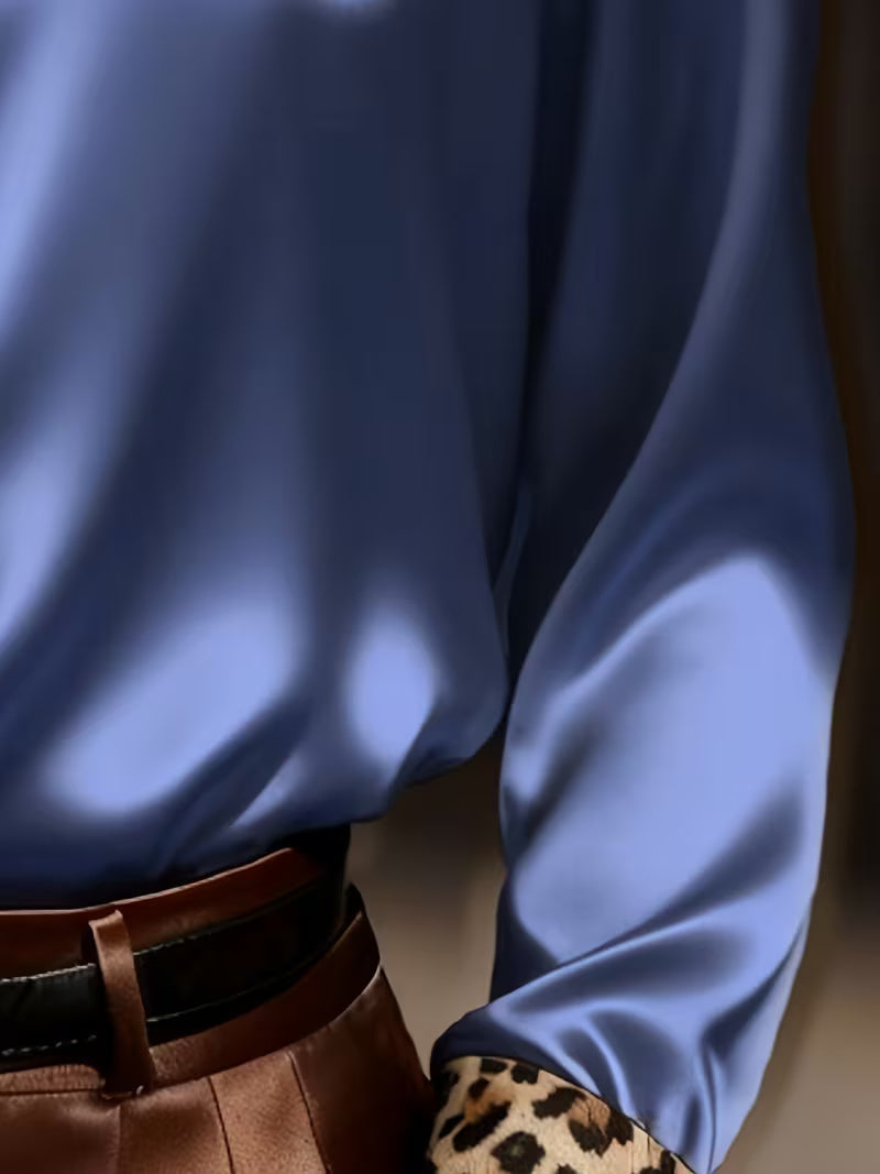 A Stylish Solid Color Satin Shirt Leopard Bright Steel Blue