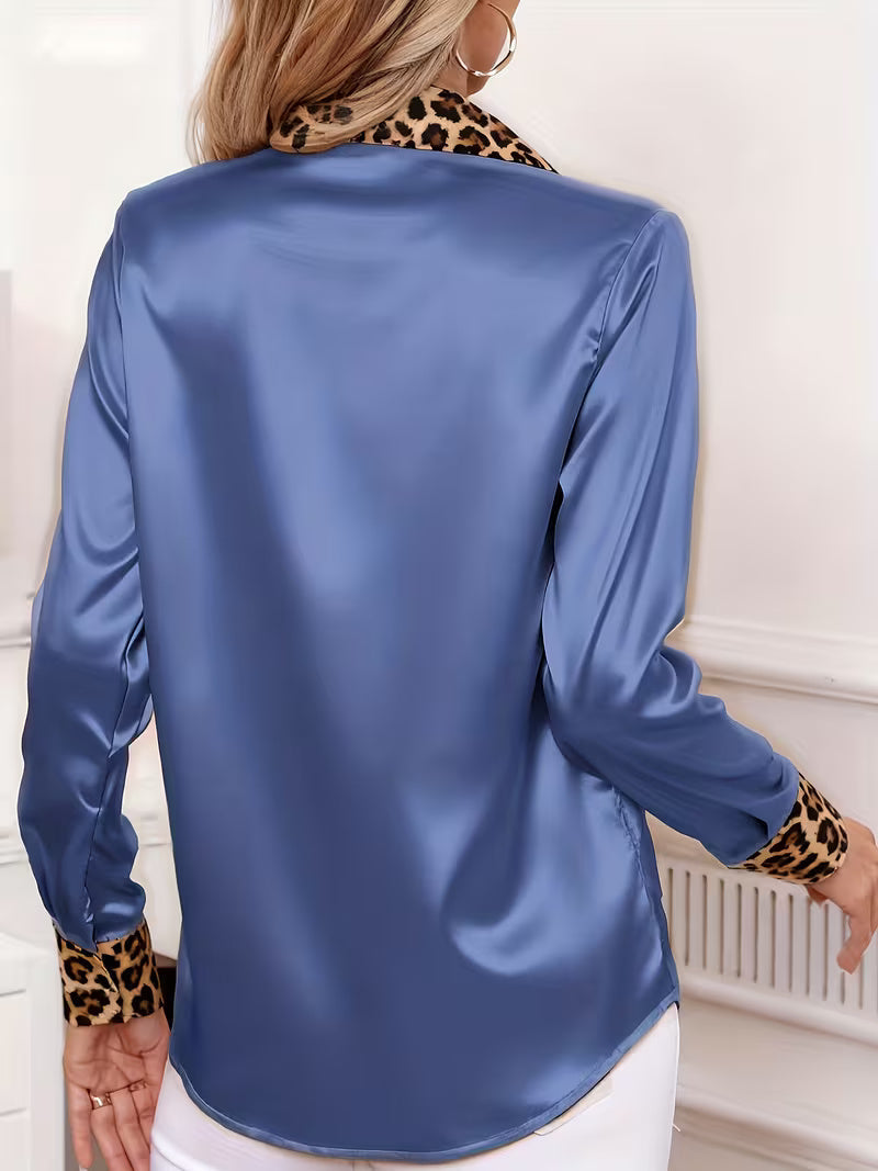 A Stylish Solid Color Satin Shirt Leopard Bright Steel Blue