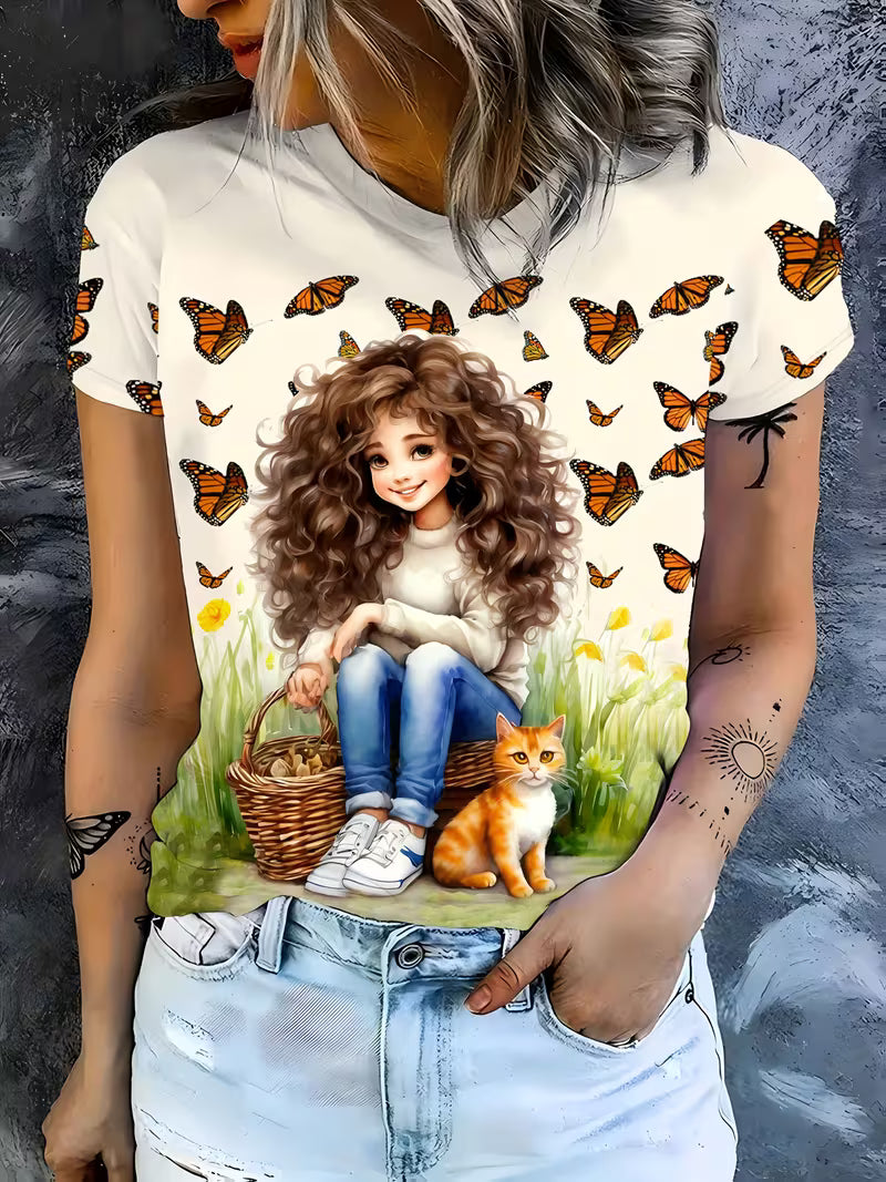 Women'S Casual "Wilderness with Butterflies" Graphic T-Shirt