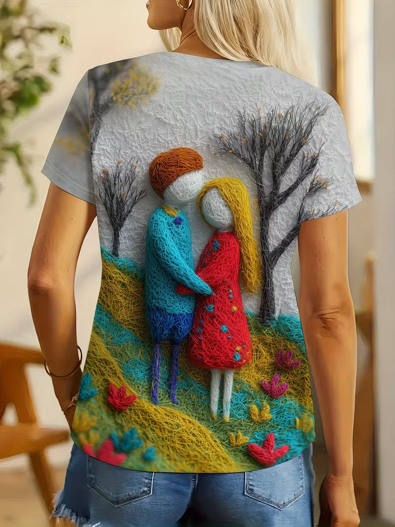 Women's Romantic Couple & Landscape Art T-Shirt - Textured Yarn- Short Sleeve Top