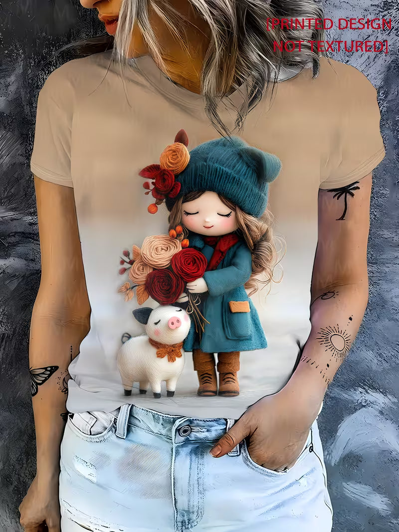 Gentle and Light Toned Outfit! Felt Texture Doll Hugging Flower+piglet Printed T-shirt
