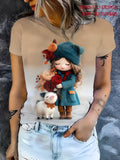Gentle and Light Toned Outfit! Felt Texture Doll Hugging Flower+piglet Printed T-shirt