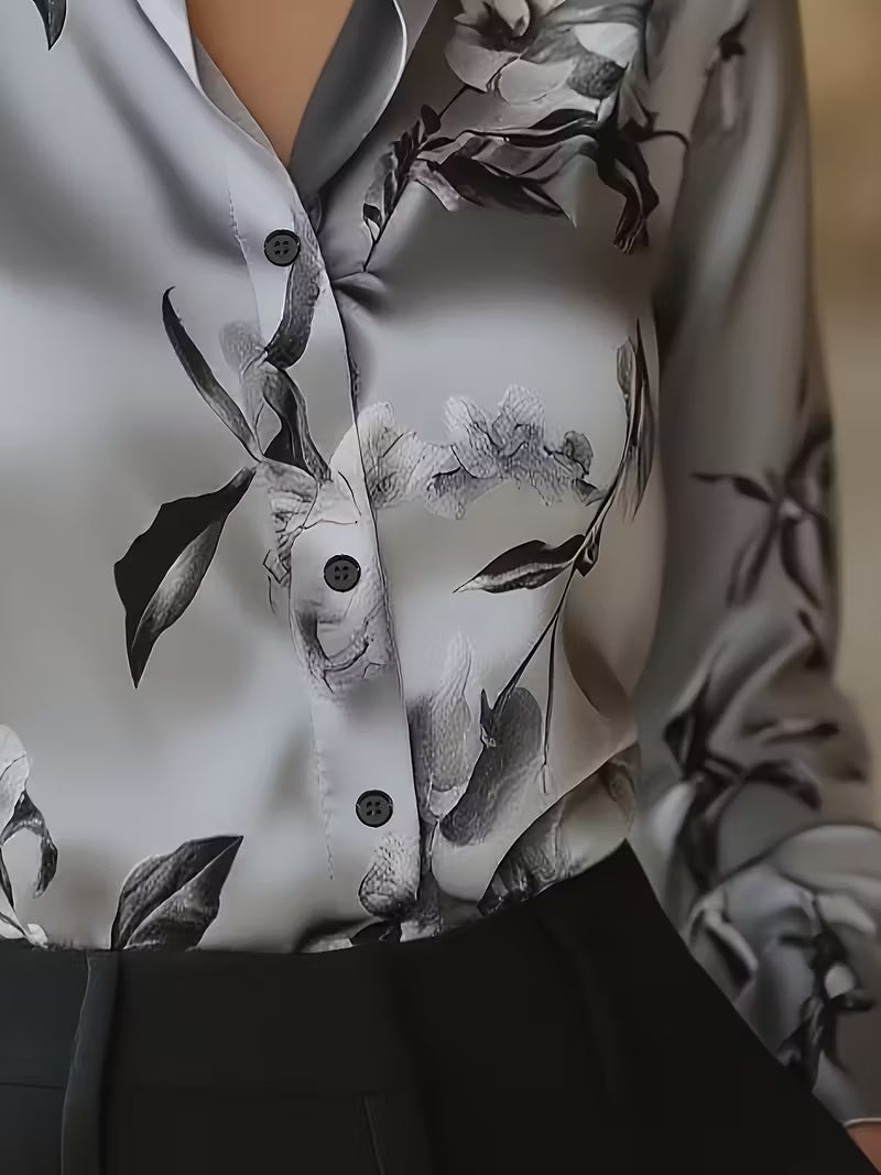 A Stylish Solid Color Satin Shirt Printed Silvery Grey
