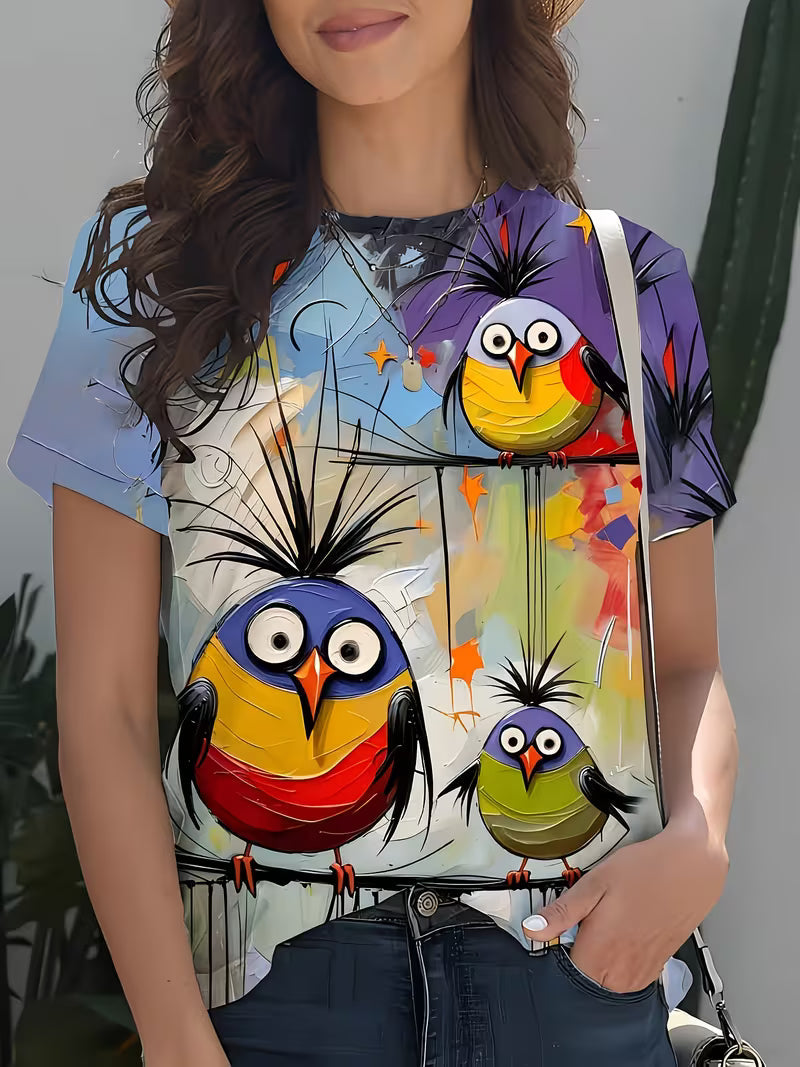Round-Neck Short-Sleeve T-Shirt with a Quirky Colorful Bird Print, a Stylish And Versatile Piece for Women'S Casual Sportswear