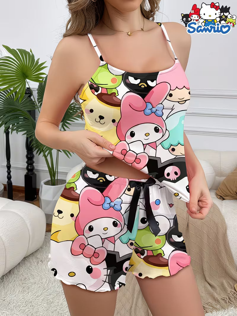 Women's Cartoon Print Casual Pajama Set, Camisole Top and Shorts