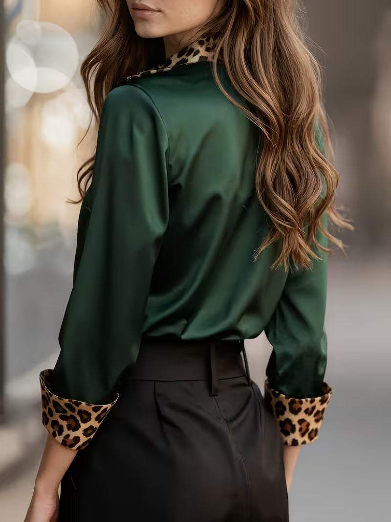 A Stylish Solid Color Satin Shirt Leopard Green