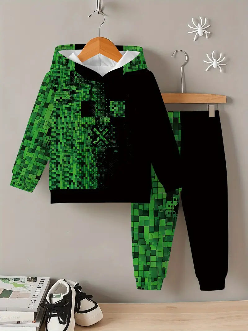 Baby Boys & Girls Hoodie Set Green & Black Pixelated