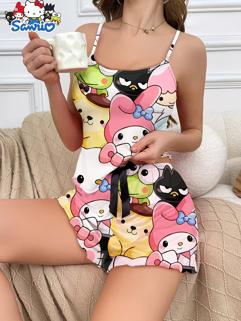 Women's Cartoon Print Casual Pajama Set, Camisole Top and Shorts