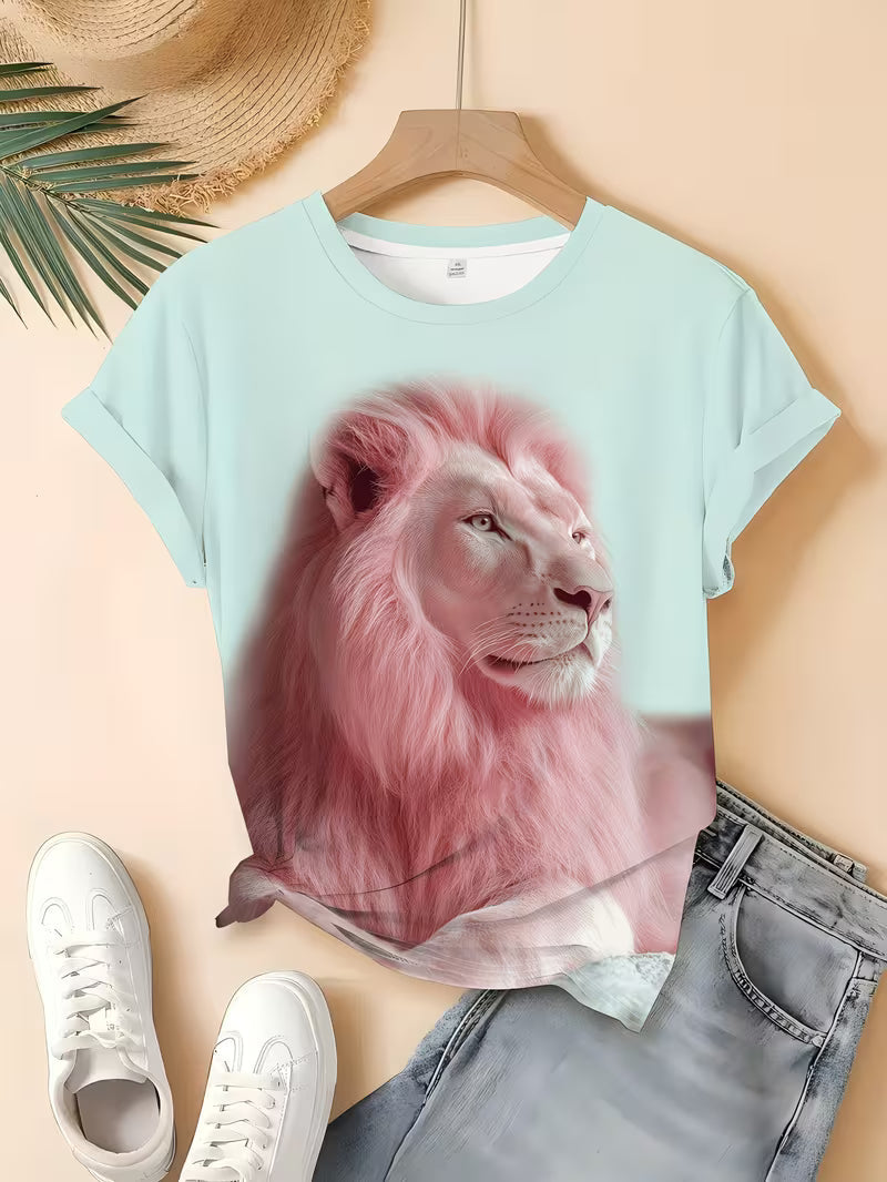 Pink Lion Printed T-shirt | Light Blue Background, Elegant and Comfortable