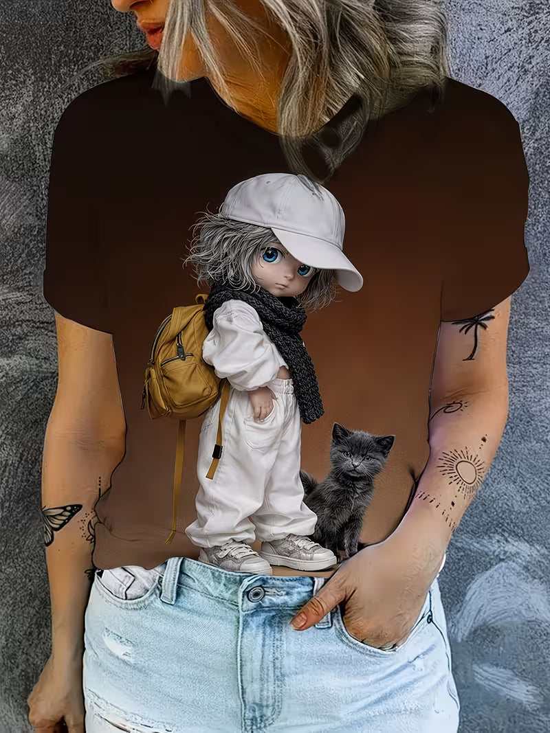 omen's Vintage 3D Kitten & Black Cat Print T-Shirt - Cute Chiba Kitten & Kitten Face Short Sleeve