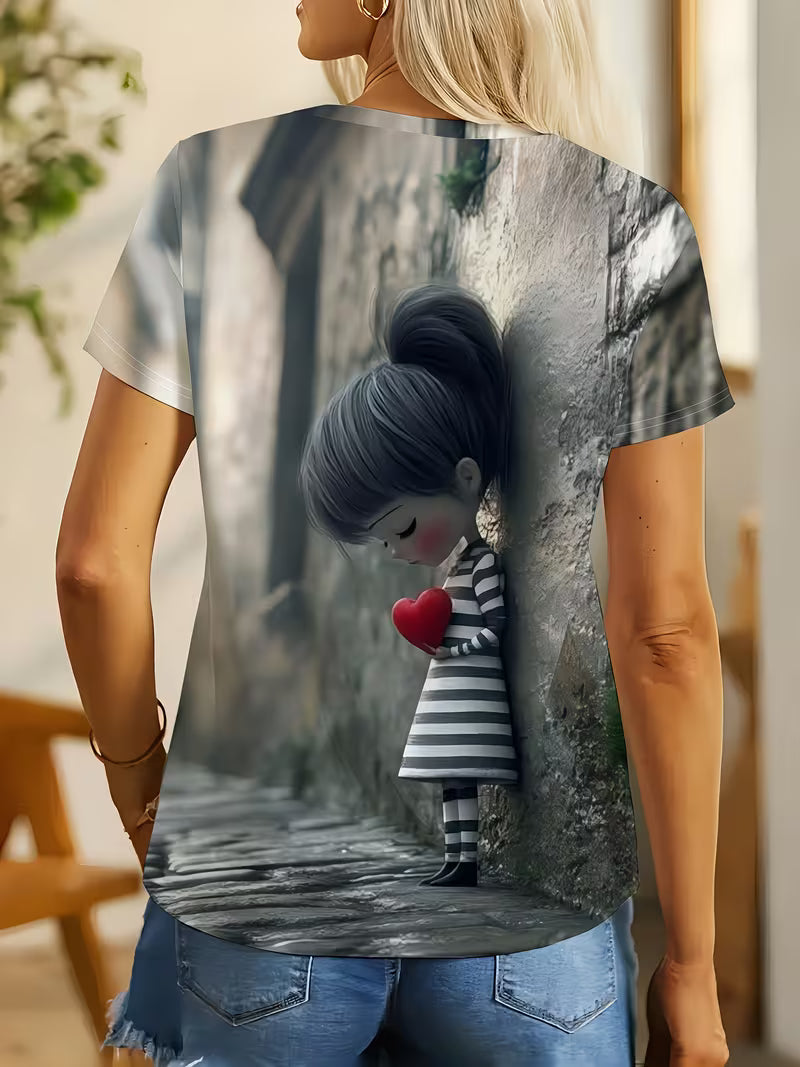 Women's Casual Round Neck T-Shirt - Heartwarming Hugging Heart Illustration Print