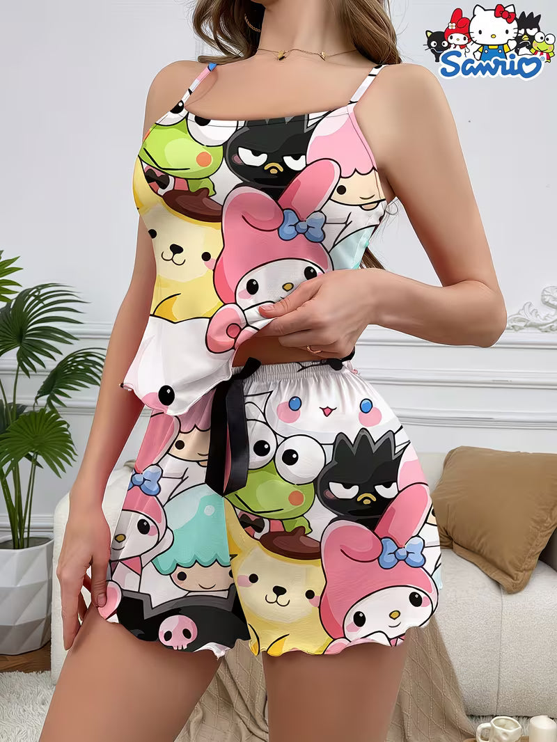 Women's Cartoon Print Casual Pajama Set, Camisole Top and Shorts