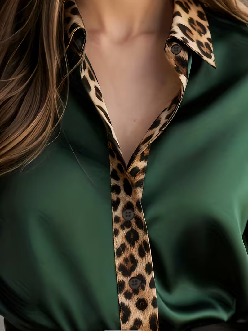 A Stylish Solid Color Satin Shirt Leopard Green