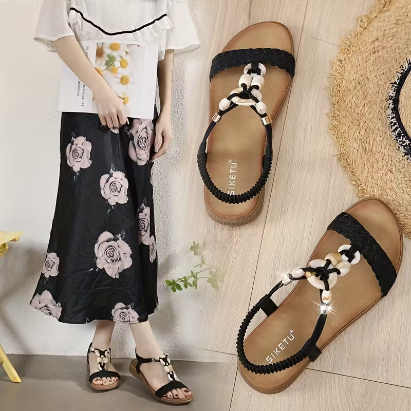Women's Bohemian Beaded Ankle Strap Sandals Black