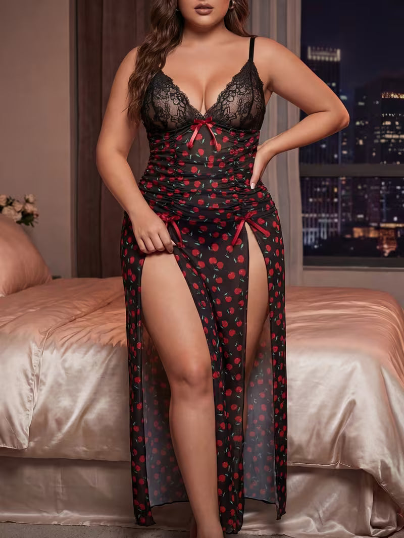 Women'S Cherry Print Sheer Mesh Maxi Lingerie Dress - Lace Deep V Neck, Bow Accents, High Side Slits, Adjustable Spaghetti Straps