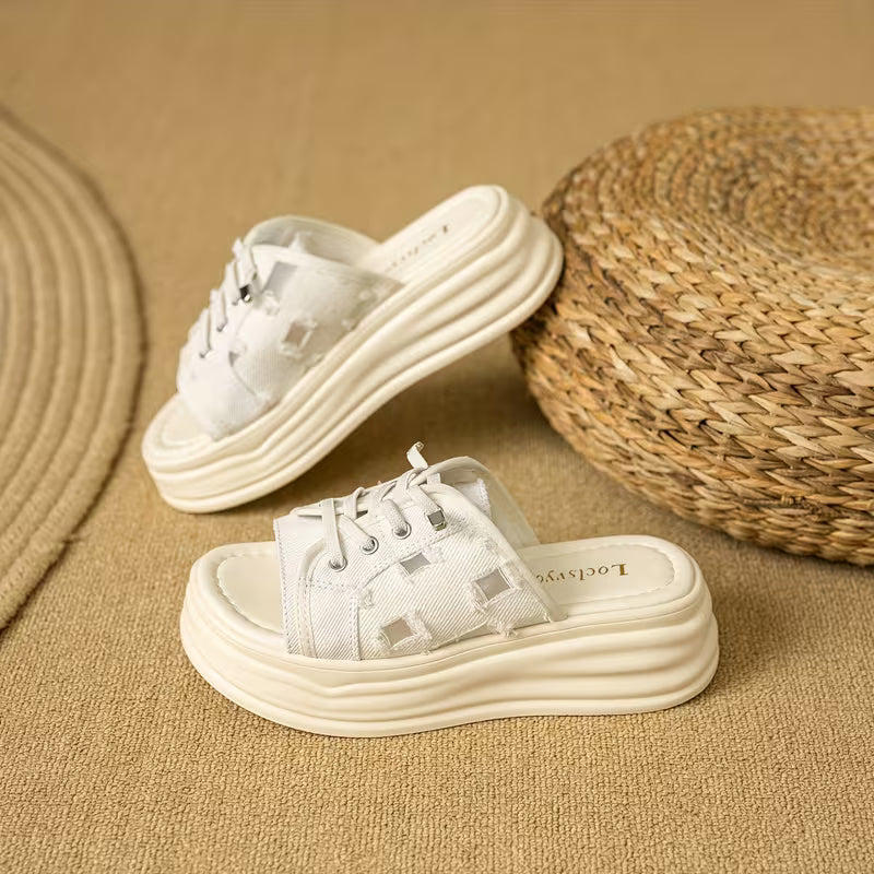 Ladies' White Platform Sandals with a Lace-Up Design And Geometric Pattern Embellishments, Featuring a Casual And Trendy Style White