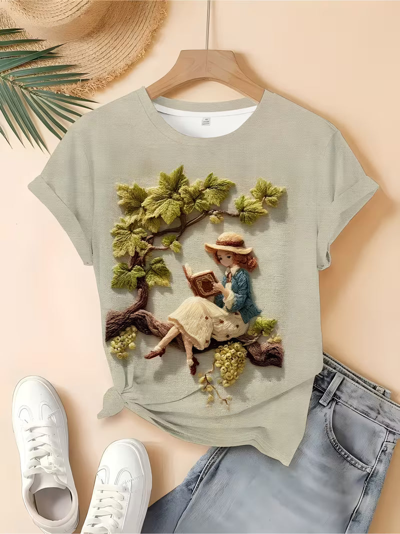 Grapevine Embroidery T-Shirt | Elegant Round Neck, Women's Fashion Top