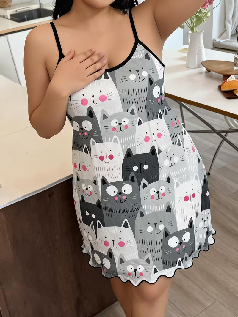Cute Cartoon Kitten Print, Thin Strap Camisole Nightgown