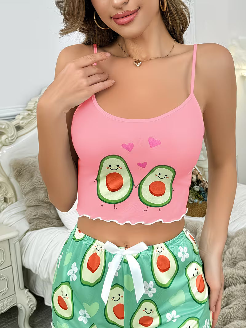 Cute Avocado Print Cami Top and Shorts Set Pink